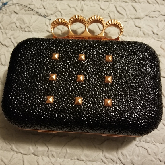 New! Rose gold and black stoned knuckle clutch - black velvet interior lining. - Picture 1 of 7